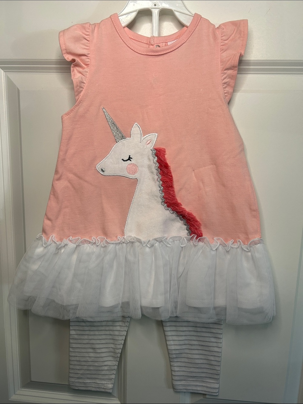 Starting Out Pink Unicorn Tunic with White Tulle & White Striped Leggings